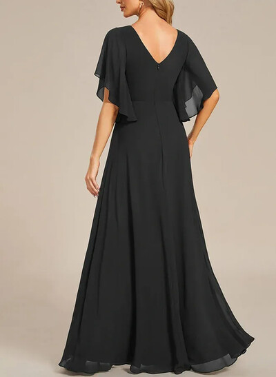 A-Line V-Neck Cape Sleeves Floor-Length Chiffon Evening Dresses
