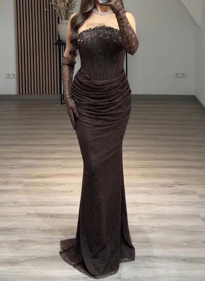 Strapless Sleeveless Trumpet/Mermaid Sweep Train Lace/Elastic Satin Evening Dresses With Beading
