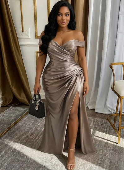 Sheath/Column Off-The-Shoulder Sleeveless Floor-Length Stretch Satin Knit Evening Dresses With High Split