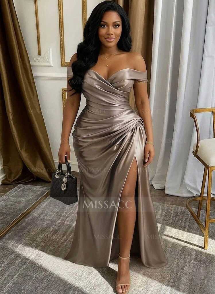 Sheath/Column Off-The-Shoulder Sleeveless Floor-Length Stretch Satin Knit Evening Dresses With High Split