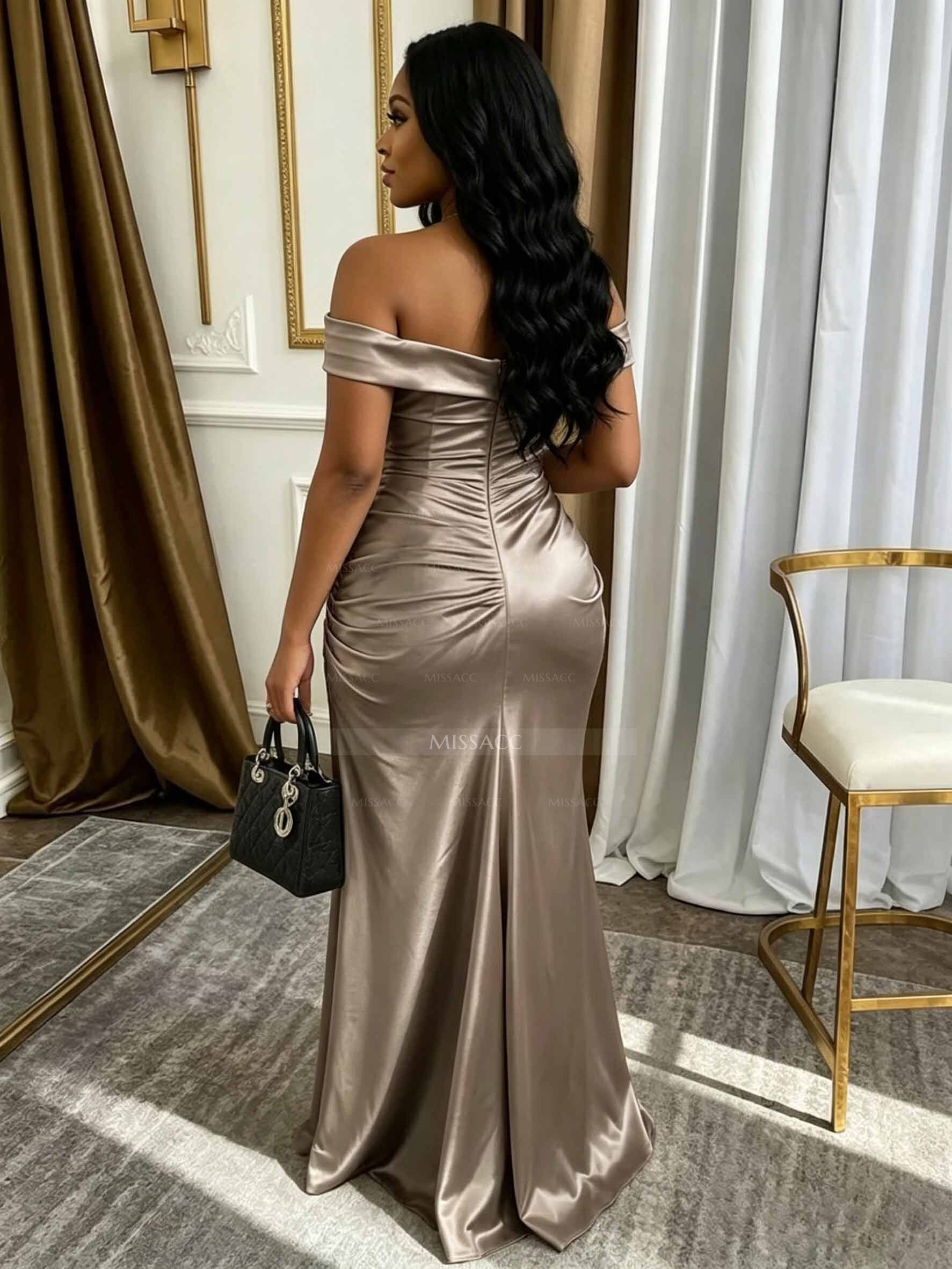 Sheath/Column Off-The-Shoulder Sleeveless Floor-Length Stretch Satin Knit Evening Dresses With High Split