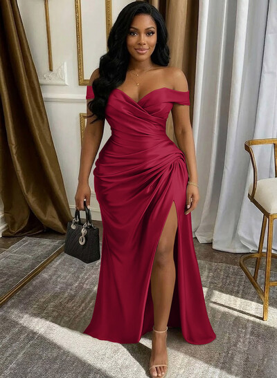 Sheath/Column Off-The-Shoulder Sleeveless Floor-Length Stretch Satin Knit Evening Dresses With High Split