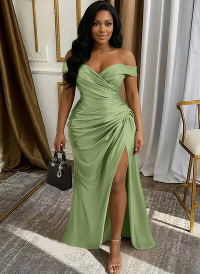Sheath/Column Off-The-Shoulder Sleeveless Floor-Length Stretch Satin Knit Evening Dresses With High Split