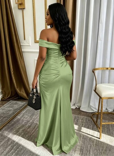 Sheath/Column Off-The-Shoulder Sleeveless Floor-Length Stretch Satin Knit Evening Dresses With High Split