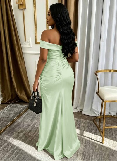 Sheath/Column Off-The-Shoulder Sleeveless Floor-Length Stretch Satin Knit Evening Dresses With High Split