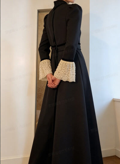 A-Line High Neck Long Sleeves Floor-Length Satin Evening Dresses With Lace