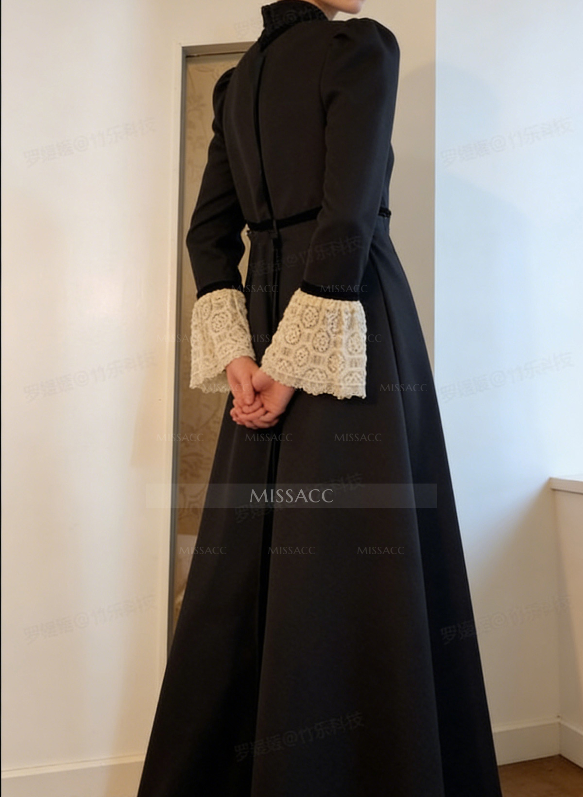 A-Line High Neck Long Sleeves Floor-Length Satin Evening Dresses With Lace