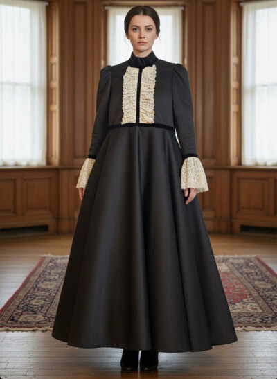 A-Line High Neck Long Sleeves Floor-Length Satin Evening Dresses With Lace