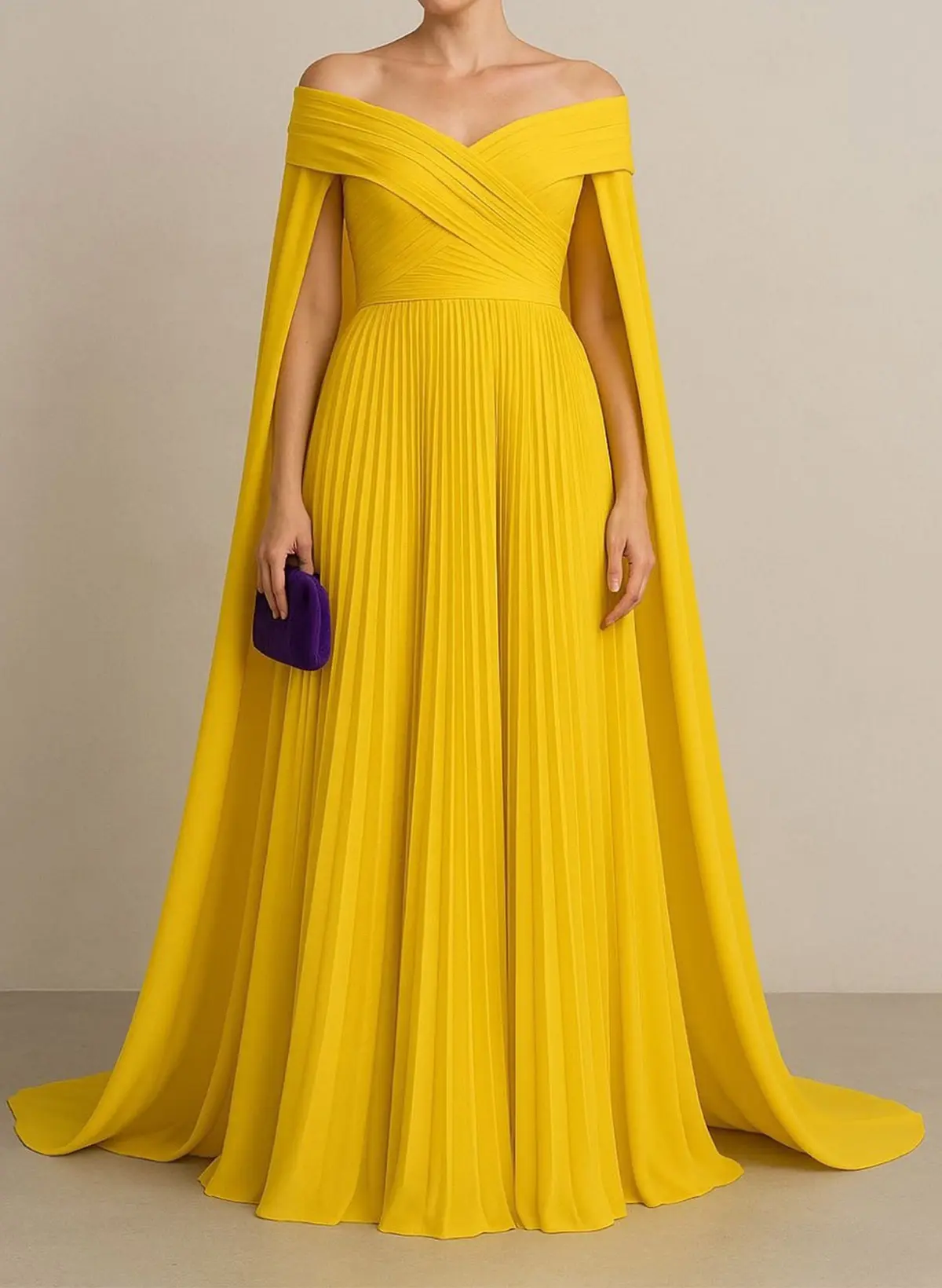 Missacc A-Line Off-The-Shoulder Cape Sleeves Floor-Length Chiffon Evening Dresses With Pleated $206 #SED12232