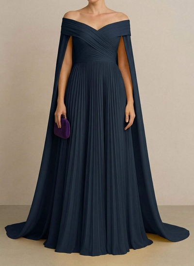 A-Line Off-The-Shoulder Cape Sleeves Floor-Length Chiffon Evening Dresses With Pleated