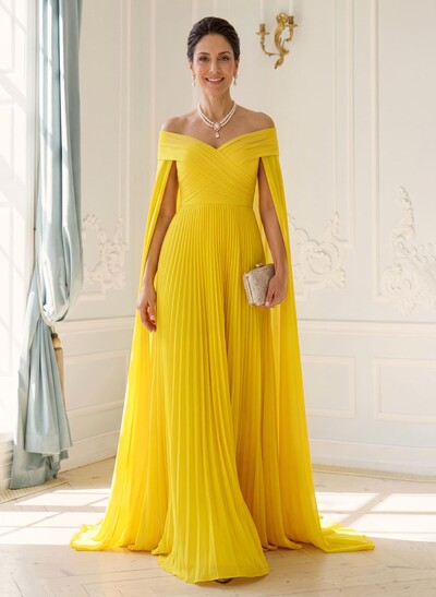 A-Line Off-The-Shoulder Cape Sleeves Floor-Length Chiffon Evening Dresses With Pleated