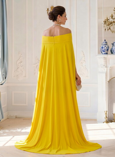 A-Line Off-The-Shoulder Cape Sleeves Floor-Length Chiffon Evening Dresses With Pleated