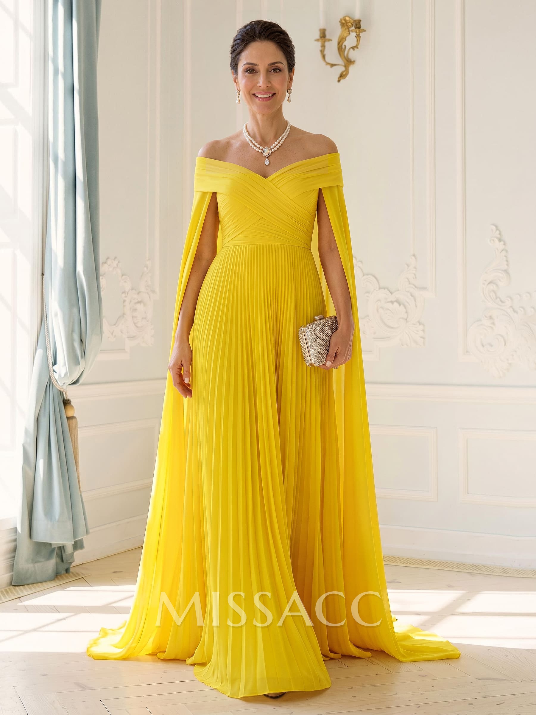 A-Line Off-The-Shoulder Cape Sleeves Floor-Length Chiffon Evening Dresses With Pleated