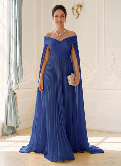 A-Line Off-The-Shoulder Cape Sleeves Floor-Length Chiffon Evening Dresses With Pleated