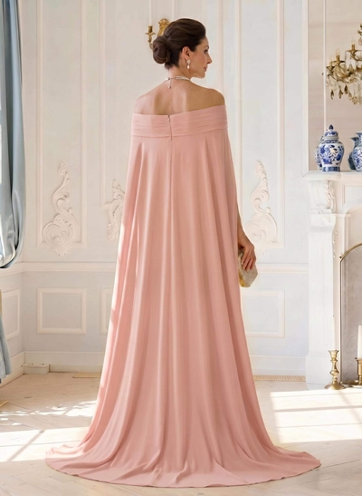 A-Line Off-The-Shoulder Cape Sleeves Floor-Length Chiffon Evening Dresses With Pleated