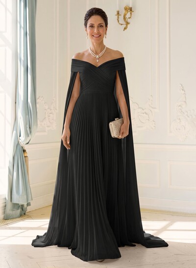 A-Line Off-The-Shoulder Cape Sleeves Floor-Length Chiffon Evening Dresses With Pleated