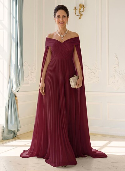A-Line Off-The-Shoulder Cape Sleeves Floor-Length Chiffon Evening Dresses With Pleated