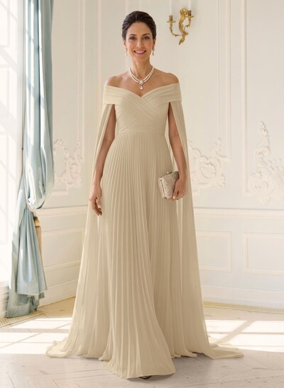 A-Line Off-The-Shoulder Cape Sleeves Floor-Length Chiffon Evening Dresses With Pleated
