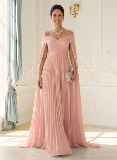 A-Line Off-The-Shoulder Cape Sleeves Floor-Length Chiffon Evening Dresses With Pleated