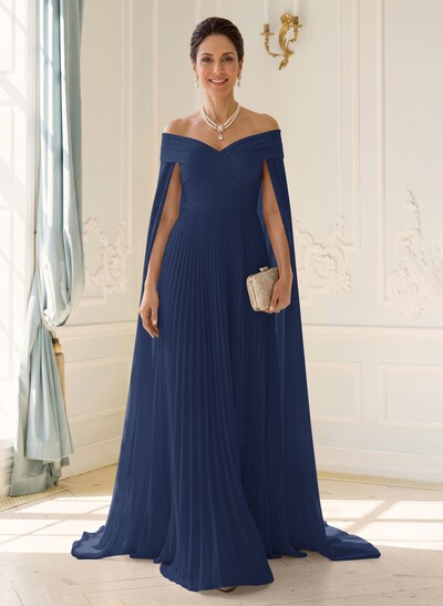 A-Line Off-The-Shoulder Cape Sleeves Floor-Length Chiffon Evening Dresses With Pleated