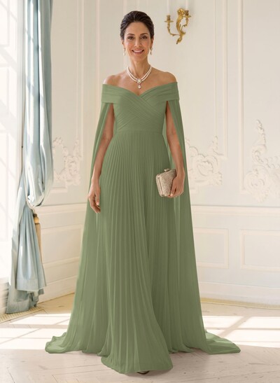 A-Line Off-The-Shoulder Cape Sleeves Floor-Length Chiffon Evening Dresses With Pleated