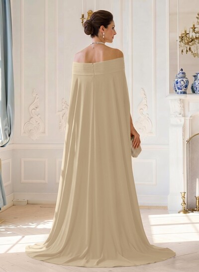 A-Line Off-The-Shoulder Cape Sleeves Floor-Length Chiffon Evening Dresses With Pleated