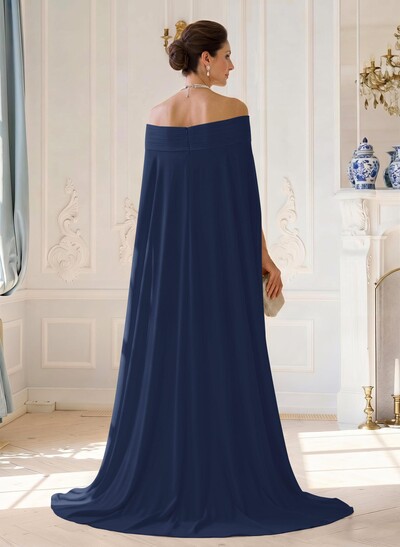 A-Line Off-The-Shoulder Cape Sleeves Floor-Length Chiffon Evening Dresses With Pleated