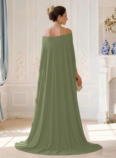 A-Line Off-The-Shoulder Cape Sleeves Floor-Length Chiffon Evening Dresses With Pleated