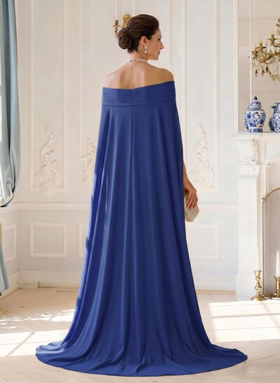 A-Line Off-The-Shoulder Cape Sleeves Floor-Length Chiffon Evening Dresses With Pleated