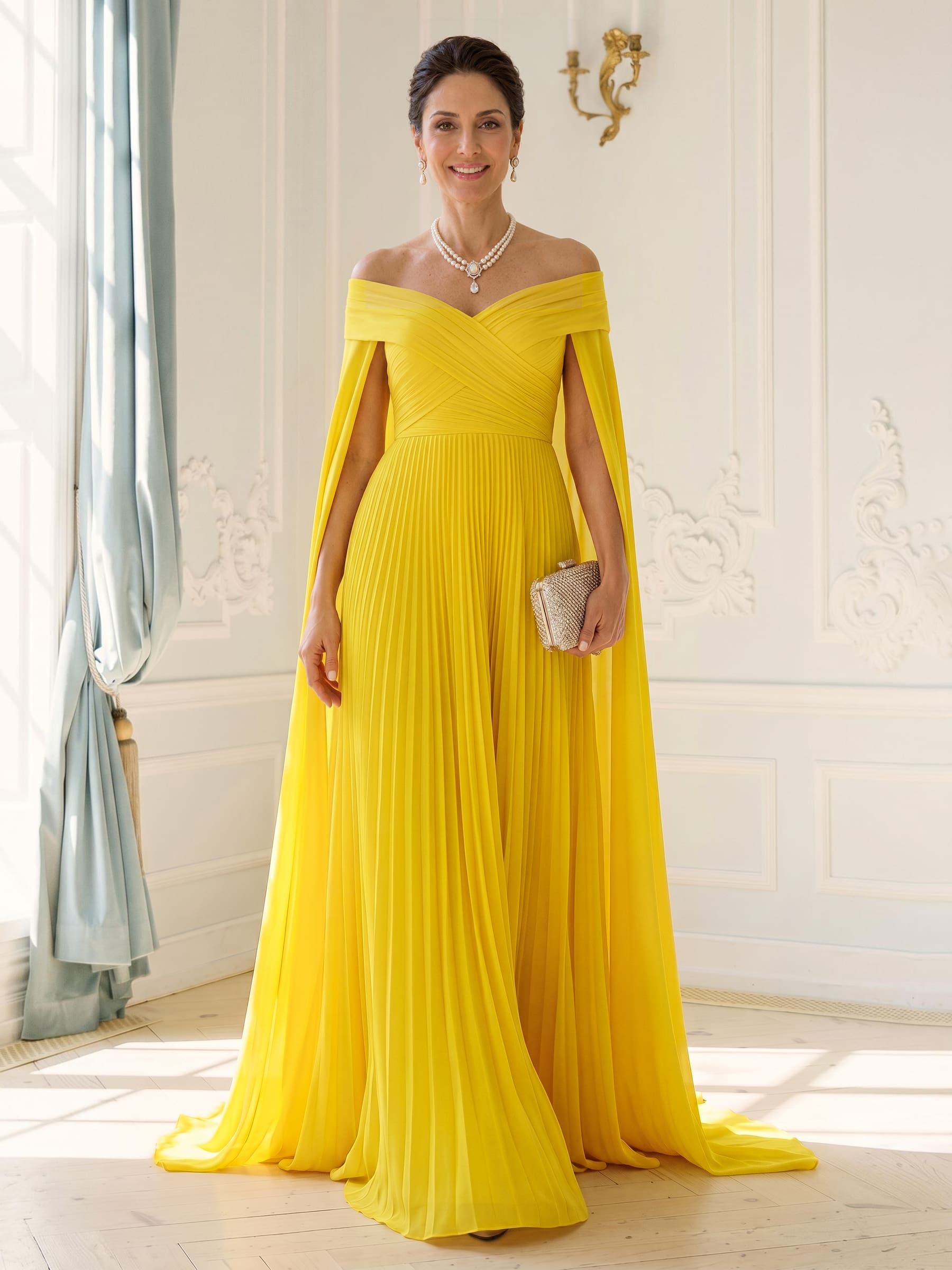 A-Line Off-The-Shoulder Cape Sleeves Floor-Length Chiffon Evening Dresses With Pleated