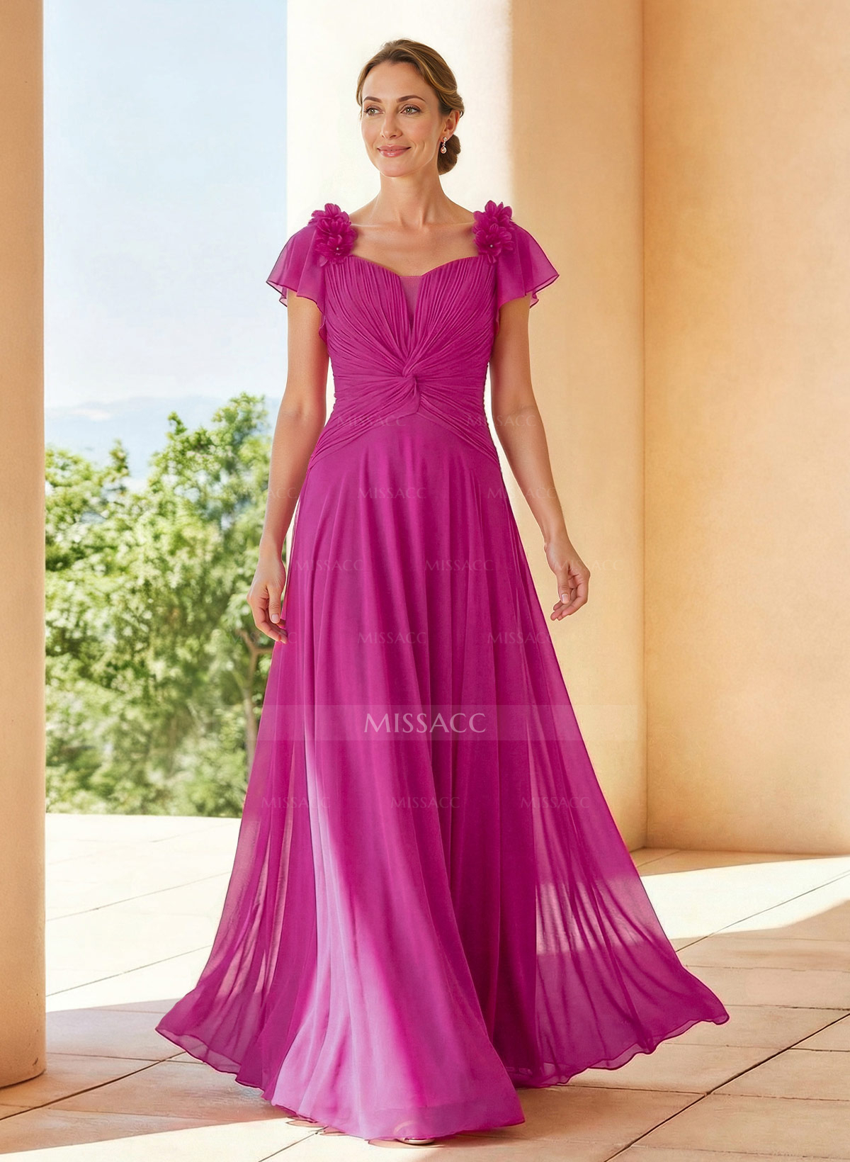 A-Line V-Neck Short Sleeves Floor-Length Chiffon Evening Dresses With Pleated Flower(s)