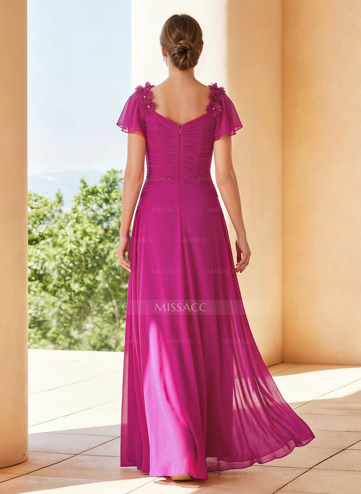 A-Line V-Neck Short Sleeves Floor-Length Chiffon Evening Dresses With Pleated Flower(s)