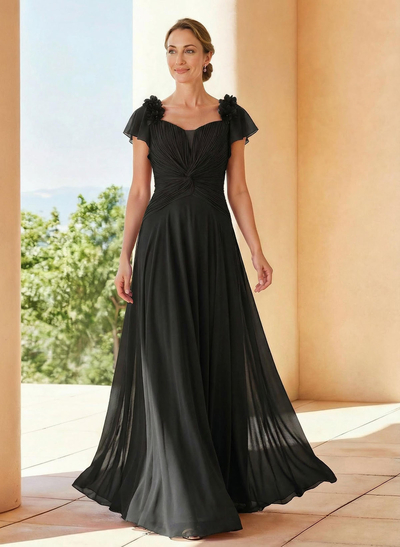 A-Line V-Neck Short Sleeves Floor-Length Chiffon Evening Dresses With Pleated Flower(s)