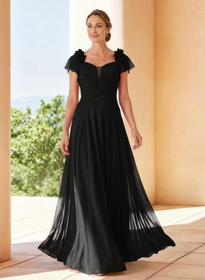 A-Line V-Neck Short Sleeves Floor-Length Chiffon Evening Dresses With Pleated Flower(s)