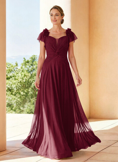 A-Line V-Neck Short Sleeves Floor-Length Chiffon Evening Dresses With Pleated Flower(s)