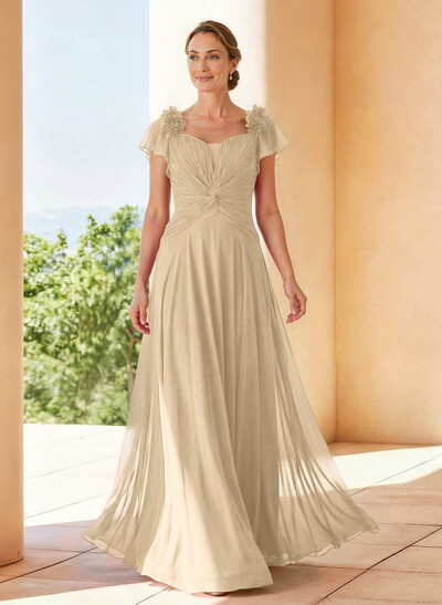 A-Line V-Neck Short Sleeves Floor-Length Chiffon Evening Dresses With Pleated Flower(s)