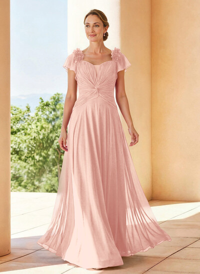 A-Line V-Neck Short Sleeves Floor-Length Chiffon Evening Dresses With Pleated Flower(s)