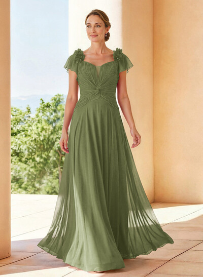 A-Line V-Neck Short Sleeves Floor-Length Chiffon Evening Dresses With Pleated Flower(s)