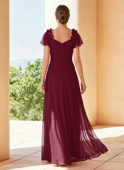 A-Line V-Neck Short Sleeves Floor-Length Chiffon Evening Dresses With Pleated Flower(s)