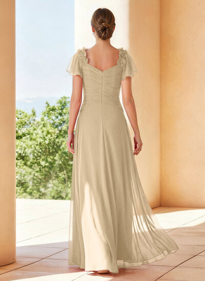 A-Line V-Neck Short Sleeves Floor-Length Chiffon Evening Dresses With Pleated Flower(s)