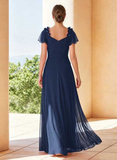 A-Line V-Neck Short Sleeves Floor-Length Chiffon Evening Dresses With Pleated Flower(s)