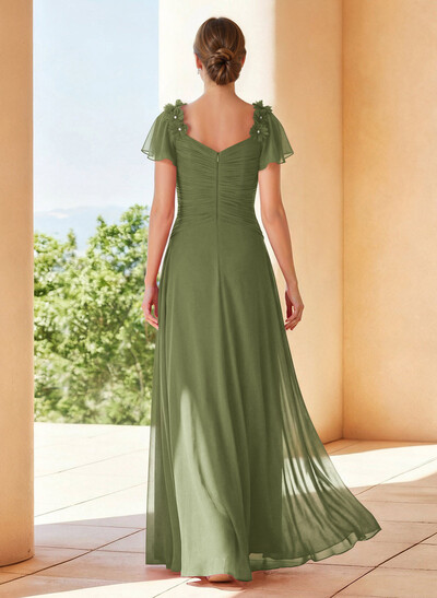 A-Line V-Neck Short Sleeves Floor-Length Chiffon Evening Dresses With Pleated Flower(s)