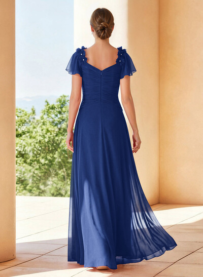 A-Line V-Neck Short Sleeves Floor-Length Chiffon Evening Dresses With Pleated Flower(s)