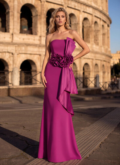 Off-the-Shoulder Sleeveless Floor-Length Stretch Satin Evening Gown with Flower Side Drape