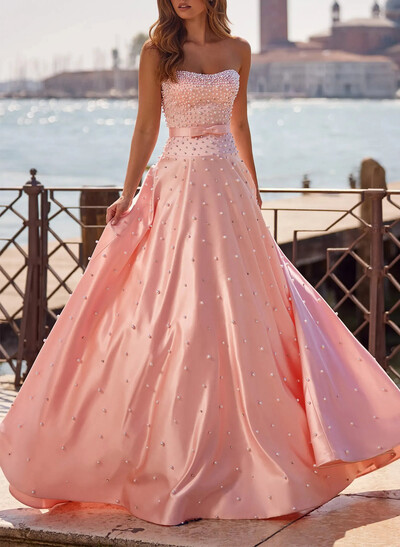 A-Line Strapless Sleeveless Floor-Length Satin Evening Dresses With Bow(s)/Rhinestone/Sash