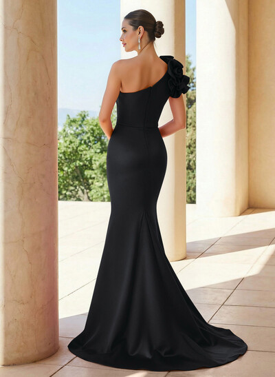 Trumpet/Mermaid One-Shoulder Sleeveless Sweep Train Satin Evening Dresses With Flower(s)