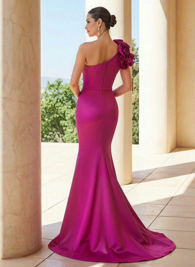Trumpet/Mermaid One-Shoulder Sleeveless Sweep Train Satin Evening Dresses With Flower(s)