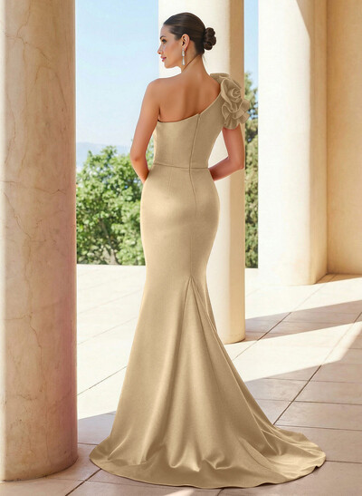 Trumpet/Mermaid One-Shoulder Sleeveless Sweep Train Satin Evening Dresses With Flower(s)