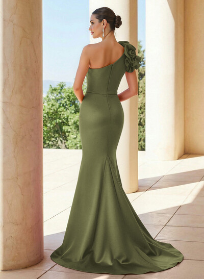 Trumpet/Mermaid One-Shoulder Sleeveless Sweep Train Satin Evening Dresses With Flower(s)