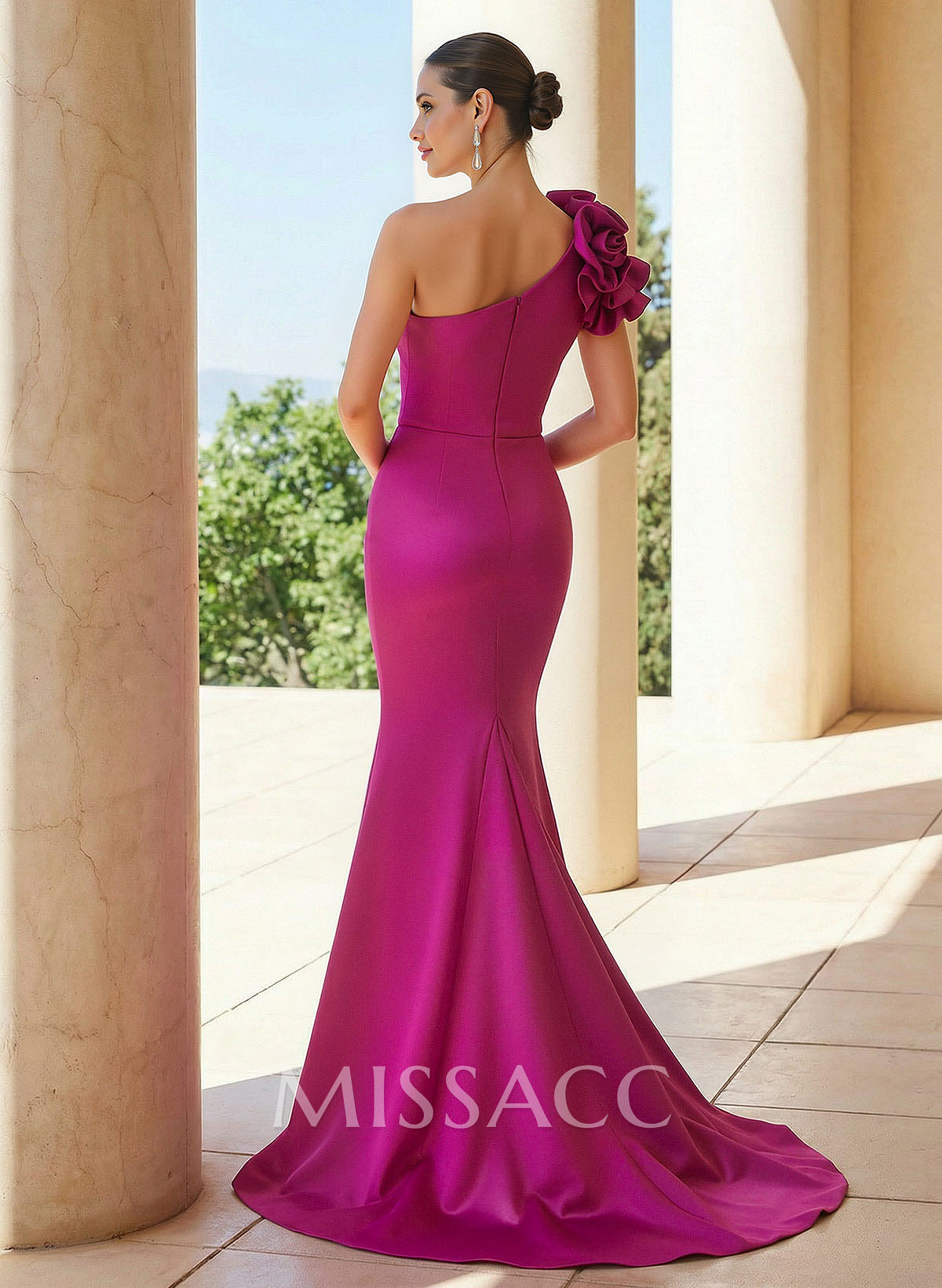 Trumpet/Mermaid One-Shoulder Sleeveless Sweep Train Satin Evening Dresses With Flower(s)